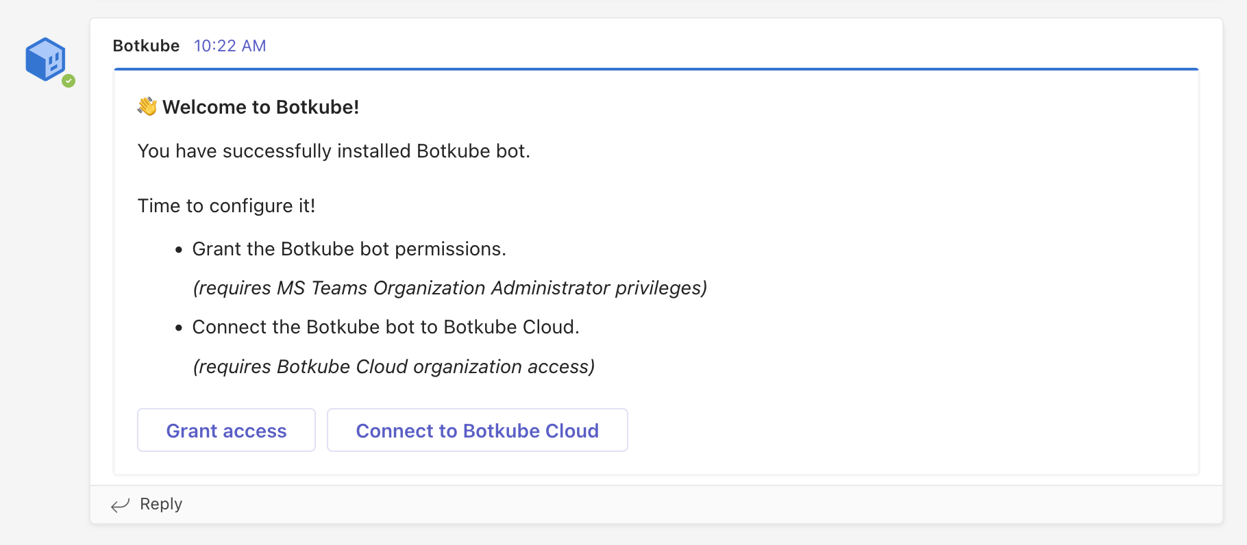Botkube Cloud Microsoft Teams Welcome Message